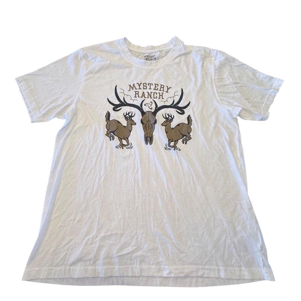 Mystery Ranch Mens Large White Deer Skull Graphic T-Shirt Short Sleeve Outdoor